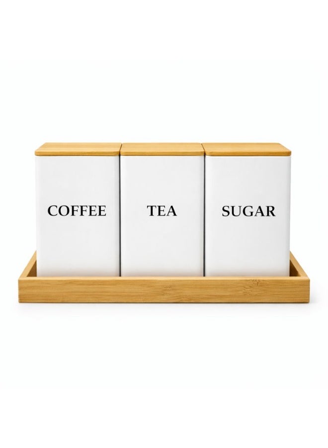 بيرام طقم حاويات معدنية للشاي والقهوة والسكر مع غطاء من الخيزران محكمة الإغلاق للتخزين في المنزل والمطبخ صندوق شاي وطقم حاويات لحبوب القهوة لتحسين المنزل بتصميم عصري باللون الأبيض - Image 1