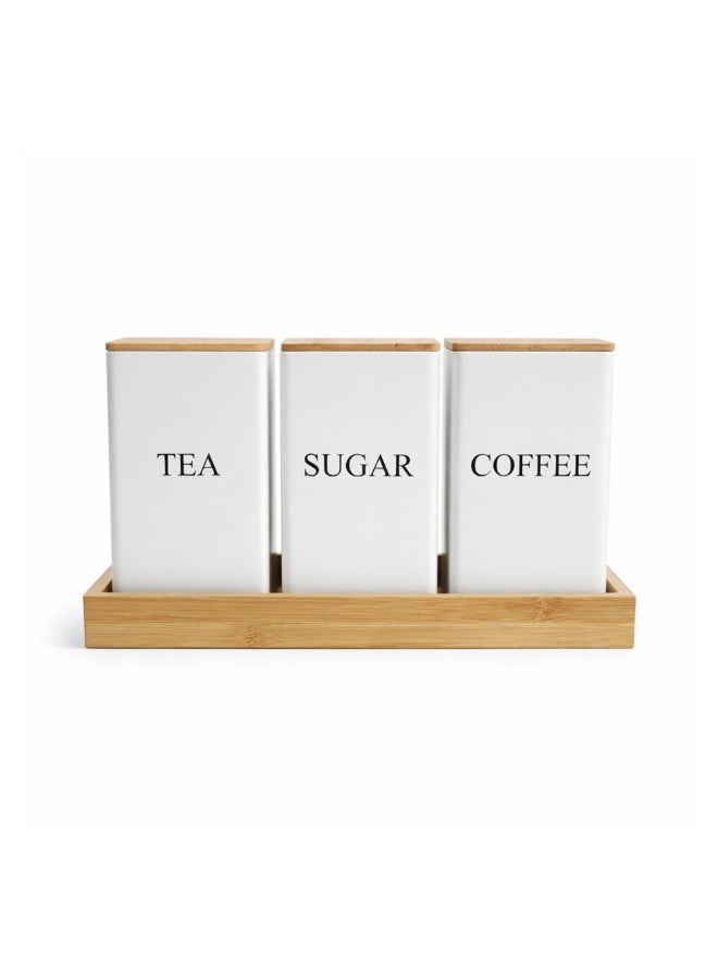 BERAM Metal Tea Coffee Sugar Container Set with Bamboo and bamboo tray Lid Airtight Kitchen Storage Jars for Home and Kitchen Tea Box and Coffee Beans Container Set Modern Home Improvement Canisters White - Image 1