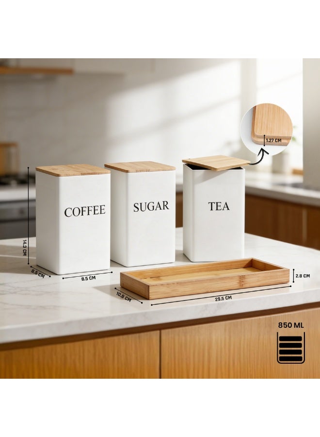 BERAM Metal Tea Coffee Sugar Container Set with Bamboo and bamboo tray Lid Airtight Kitchen Storage Jars for Home and Kitchen Tea Box and Coffee Beans Container Set Modern Home Improvement Canisters White - Image 2