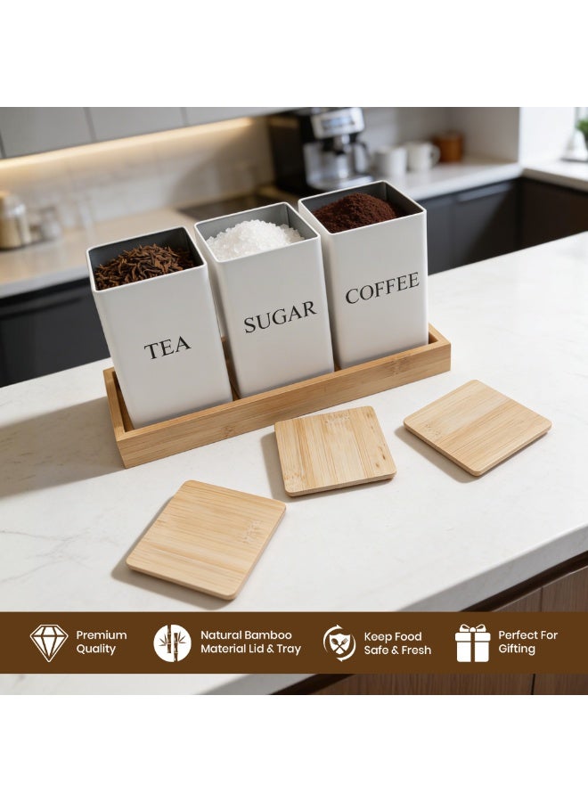 BERAM Metal Tea Coffee Sugar Container Set with Bamboo and bamboo tray Lid Airtight Kitchen Storage Jars for Home and Kitchen Tea Box and Coffee Beans Container Set Modern Home Improvement Canisters White - Image 3