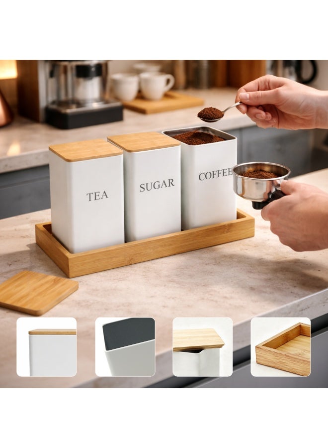 BERAM Metal Tea Coffee Sugar Container Set with Bamboo and bamboo tray Lid Airtight Kitchen Storage Jars for Home and Kitchen Tea Box and Coffee Beans Container Set Modern Home Improvement Canisters White - Image 4