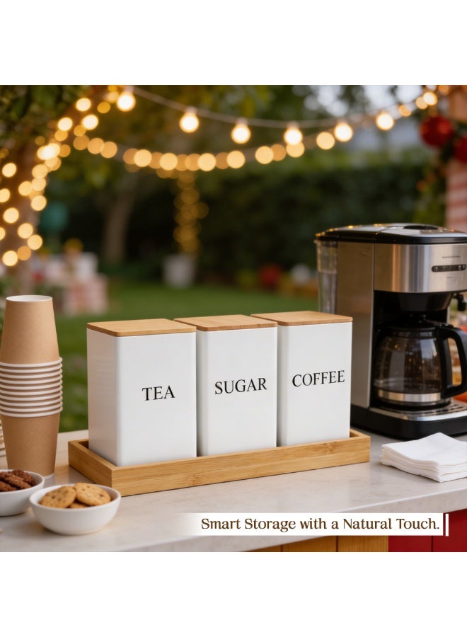 BERAM Metal Tea Coffee Sugar Container Set with Bamboo and bamboo tray Lid Airtight Kitchen Storage Jars for Home and Kitchen Tea Box and Coffee Beans Container Set Modern Home Improvement Canisters White - Image 5