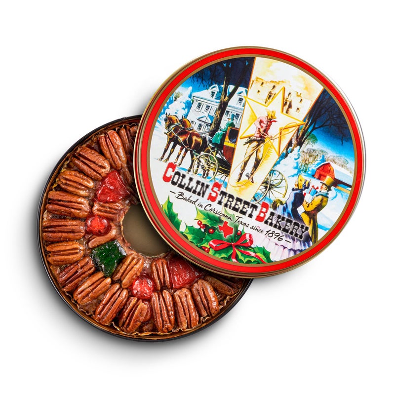Collin Street Bakery DeLuxe Fruitcake - Handcrafted Fresh with Pecans, Pineapple, Papaya, Ripe Cherries, Raisins, & Honey - Giftable Collector's Tin - Baked in Texas Since 1896-8" - 102A (2 lbs 14 oz) - Image 1