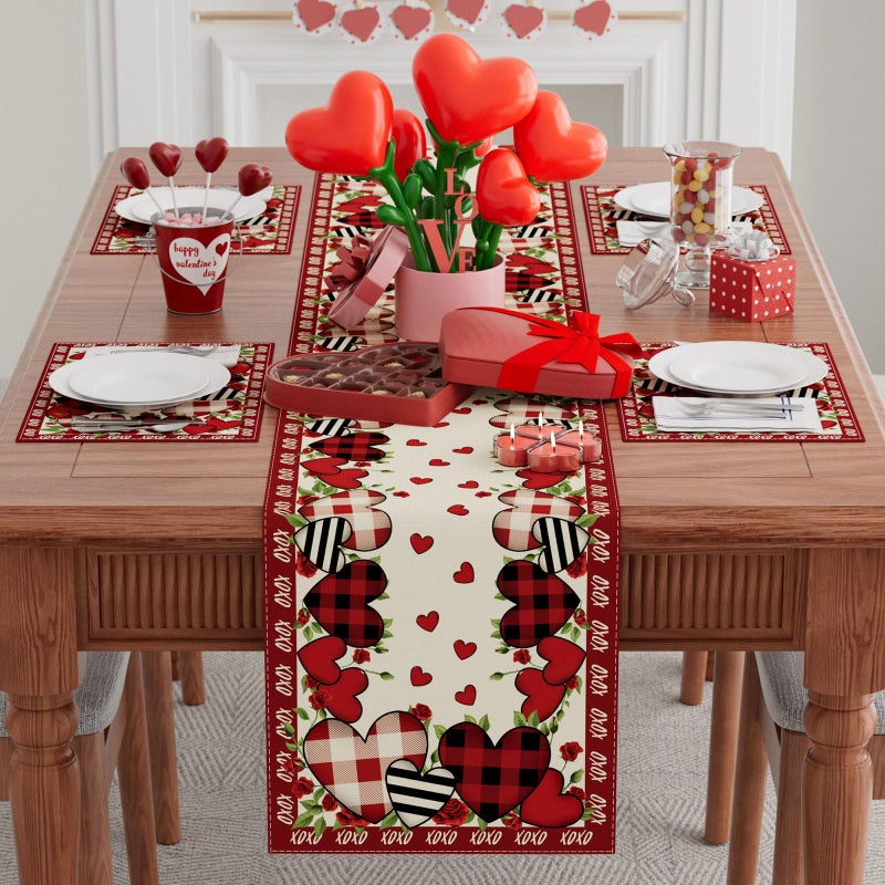 XCHI Buffalo Plaid Love Hearts Roses Flowers Valentine's Day Table Runner Table Decoration for Party Home Kitchen Dining Holiday Decor 13x72 Inch - Image 2
