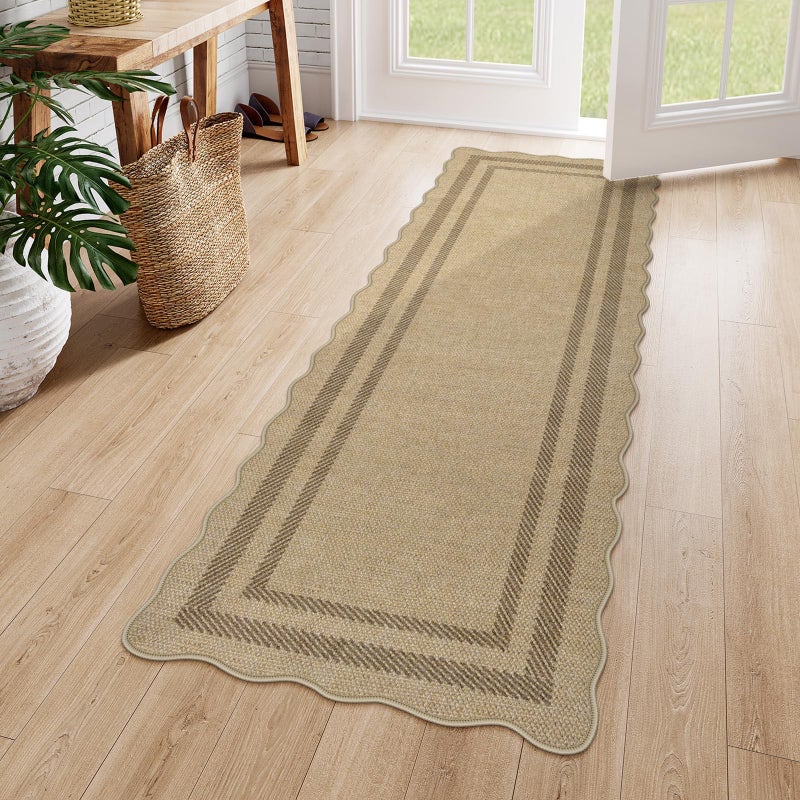 LIVEBOX Scalloped Washable 3x5 Outdoor Rug, Easy Jute Geometri Tan Rug for Entryway, Indoor Non Slip Farmhouse Rugs Morden Carpet Area Rug for Bedroom Living Room Kitchen Bathroom Door Mat - Image 1