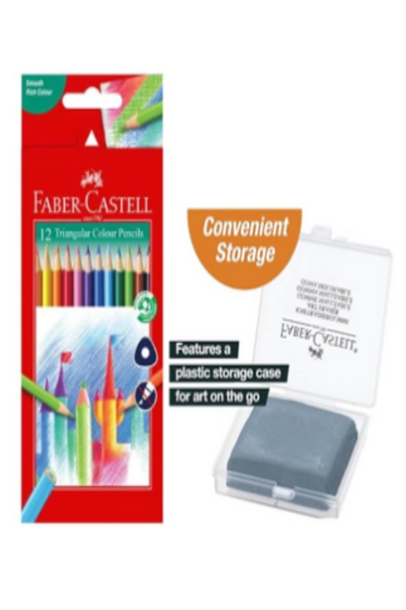 FABER-CASTELL أقلام تلوين FC ثلاثية القبضة طويلة 12 قطعة و ممحاة FC قابلة للعجن رمادية مع صندوق بلاستيكي - Image 1