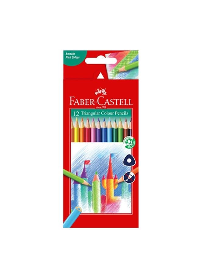 FABER-CASTELL أقلام تلوين FC ثلاثية القبضة طويلة 12 قطعة و ممحاة FC قابلة للعجن رمادية مع صندوق بلاستيكي - Image 2