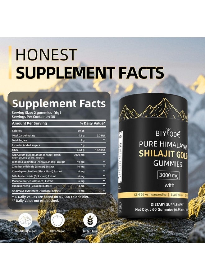 بيودي حلوى جيلاتينية شيلاجيت من بايود: شيلاجيت نقي من الهيمالايا غني بالأشواغاندا وحمض الفولفيك وغولشورا و85 عنصرًا غذائيًا دقيقًا مناسب للرجال والنساء بدون إضافة سكر وغير معدل وراثيًا وطبيعي 100% وعضوي 60 حلوى جيلاتينية - Image 2