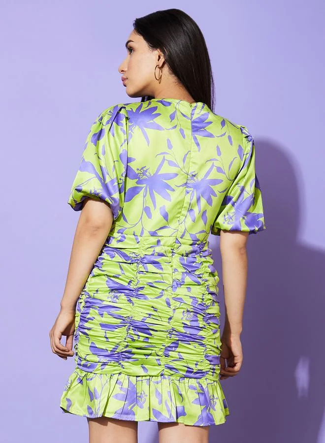 globus Globus Women Green Floral Print Ruched Sheath Mini Dress
