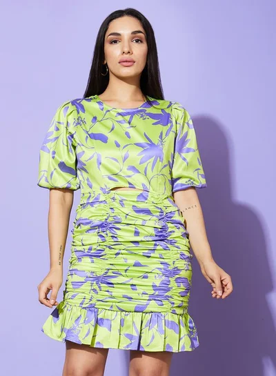 globus Globus Women Green Floral Print Ruched Sheath Mini Dress