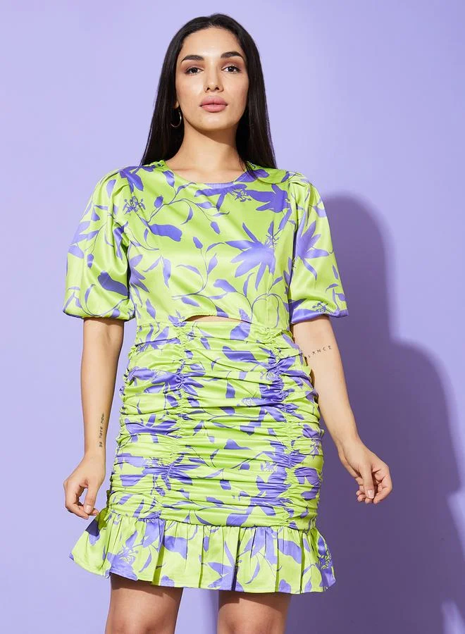globus Globus Globus Women Green Floral Print Ruched Sheath Mini Dress