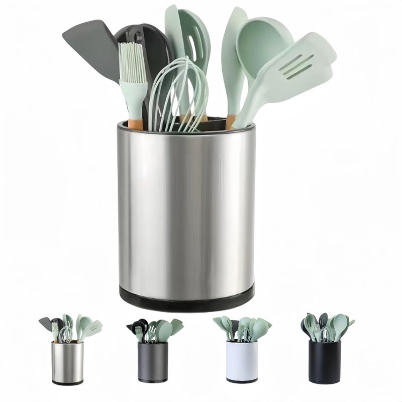 kitchen Utensil Holder, Extra Large 360 Degree Rotating For Counter Organizer, Stainless Steel Storage Cooking Silverware, Flatware 3 Compartment Flatware Spoon Spatula
