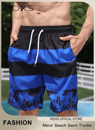 Men's Swim Trunks, Loose Fit Quick Dry Swim Shorts with Pockets and Elastic Waistband, Breathable Printed Drawstring Board Shorts with Striking Patterns, Fashionable Casual Bathing Shorts, Suitable for Swimming, Beach Surfing, Running, Ball Sports, Relaxing at Home, and Beyond, Black and Blue