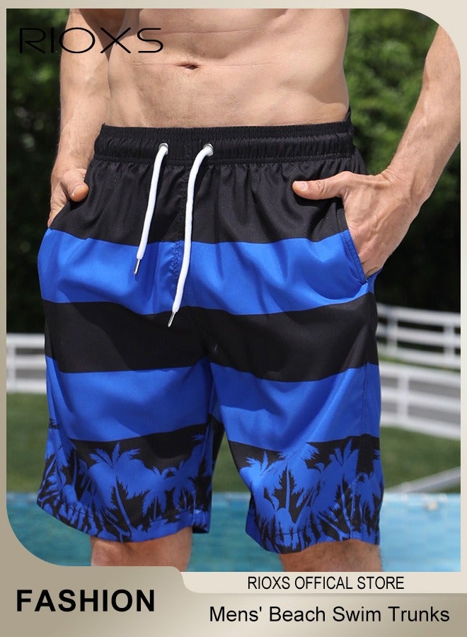 RIOXS Men's Swim Trunks, Loose Fit Quick Dry Swim Shorts with Pockets and Elastic Waistband, Breathable Printed Drawstring Board Shorts with Striking Patterns, Fashionable Casual Bathing Shorts, Suitable for Swimming, Beach Surfing, Running, Ball Sports, Relaxing at Home, and Beyond, Black and Blue - Image 1