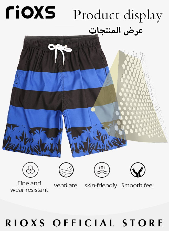 RIOXS Men's Swim Trunks, Loose Fit Quick Dry Swim Shorts with Pockets and Elastic Waistband, Breathable Printed Drawstring Board Shorts with Striking Patterns, Fashionable Casual Bathing Shorts, Suitable for Swimming, Beach Surfing, Running, Ball Sports, Relaxing at Home, and Beyond, Black and Blue - Image 4