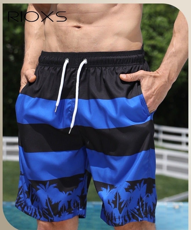 RIOXS Men's Swim Trunks, Loose Fit Quick Dry Swim Shorts with Pockets and Elastic Waistband, Breathable Printed Drawstring Board Shorts with Striking Patterns, Fashionable Casual Bathing Shorts, Suitable for Swimming, Beach Surfing, Running, Ball Sports, Relaxing at Home, and Beyond, Black and Blue - Image 1
