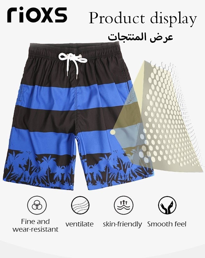 RIOXS Men's Swim Trunks, Loose Fit Quick Dry Swim Shorts with Pockets and Elastic Waistband, Breathable Printed Drawstring Board Shorts with Striking Patterns, Fashionable Casual Bathing Shorts, Suitable for Swimming, Beach Surfing, Running, Ball Sports, Relaxing at Home, and Beyond, Black and Blue - Image 4
