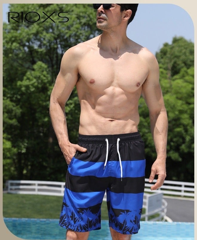 RIOXS Men's Swim Trunks, Loose Fit Quick Dry Swim Shorts with Pockets and Elastic Waistband, Breathable Printed Drawstring Board Shorts with Striking Patterns, Fashionable Casual Bathing Shorts, Suitable for Swimming, Beach Surfing, Running, Ball Sports, Relaxing at Home, and Beyond, Black and Blue - Image 2