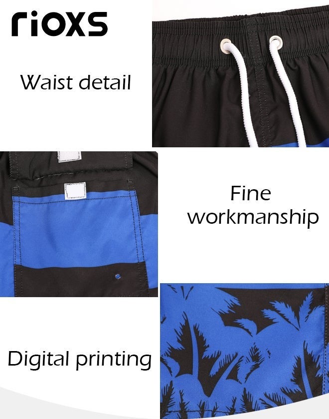 RIOXS Men's Swim Trunks, Loose Fit Quick Dry Swim Shorts with Pockets and Elastic Waistband, Breathable Printed Drawstring Board Shorts with Striking Patterns, Fashionable Casual Bathing Shorts, Suitable for Swimming, Beach Surfing, Running, Ball Sports, Relaxing at Home, and Beyond, Black and Blue - Image 5