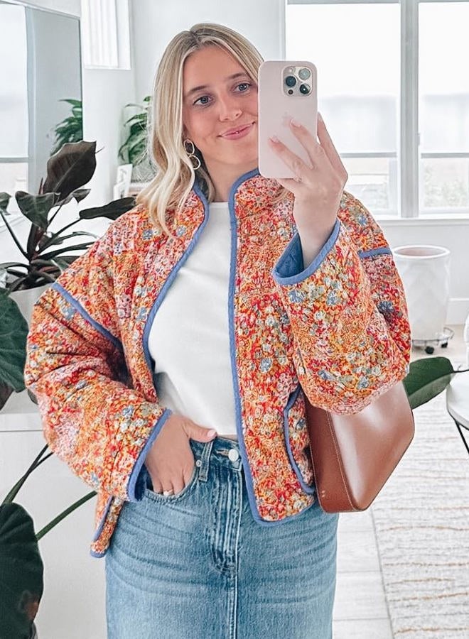 Omoone Women's Cropped Quilted Jacket Floral Printed LightWeight Padded Puffer Cardigan Coat Outwear, Yellow, XL - Image 4
