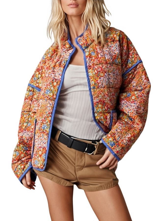 Omoone Women's Cropped Quilted Jacket Floral Printed LightWeight Padded Puffer Cardigan Coat Outwear, Yellow, XL - Image 1