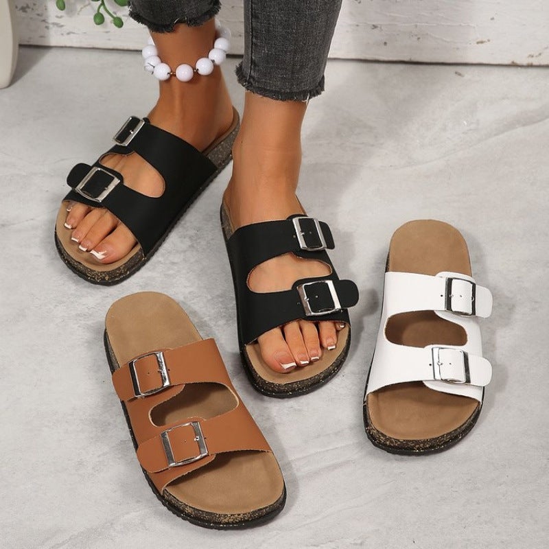 Casual Double Strap Metal Buckle Espadrille Sandals, Cork Sole, Breathable, Thick Sole - Image 1