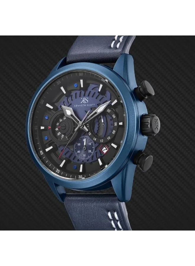 KENNETH SCOTT Kenneth Scott Men's Watch, Chronograph Display and PU Strap - K25107-LLLB, Blue