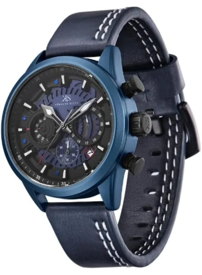 كينيث سكوت Kenneth Scott Men's Watch, Chronograph Display and PU Strap - K25107-LLLB, Blue