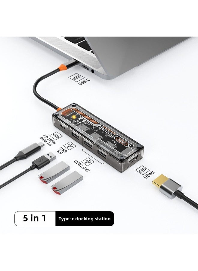 ماركة غير محددة - محطة إرساء Typec شفافة، محور USB، منفذ الشبكة، موسع USB، قاعدة توسيع الكمبيوتر المحمول متعددة الوظائف - عدد الواجهات: SW5H (شفاف 5 في 1) - Image 1