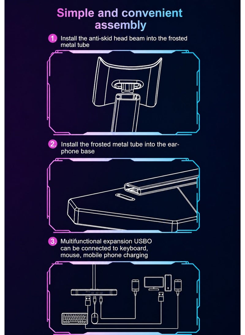 RGB Headphone Stand, Aluminum Alloy Gaming Headset Holder with Stable Base, Desk Organizer for Gaming Setup and Office - Image 2