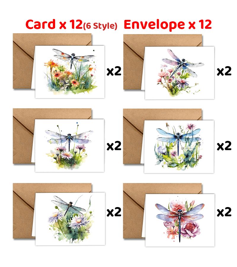 24 Pcs Watercolor Dragonfly Wildflower Greeting Cards With Envelopes - Image 3