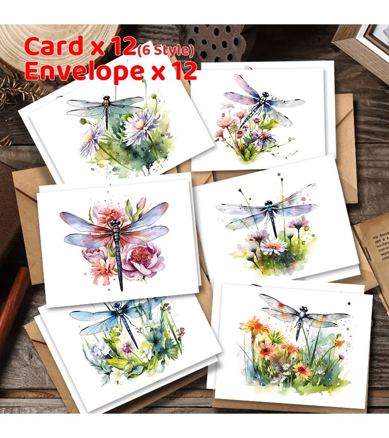 24 Pcs Watercolor Dragonfly Wildflower Greeting Cards With Envelopes - Image 1