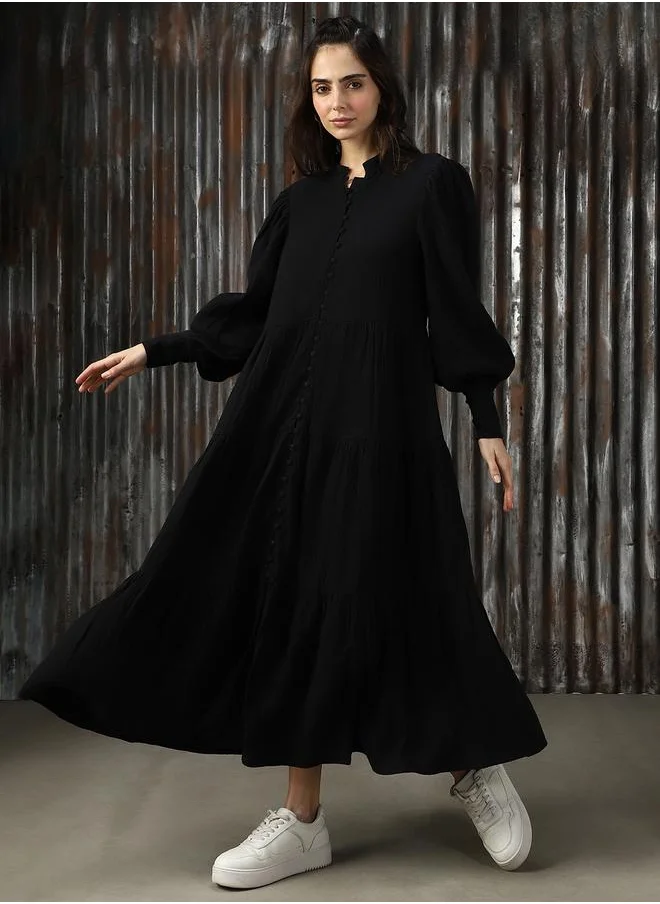 HIGH STAR Women Mandarin Neck Balloon Sleeves Pure Cotton A-Line Fit & Flare Textured Cotton Midi Dress