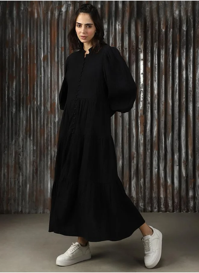 HIGH STAR Women Mandarin Neck Balloon Sleeves Pure Cotton A-Line Fit & Flare Textured Cotton Midi Dress