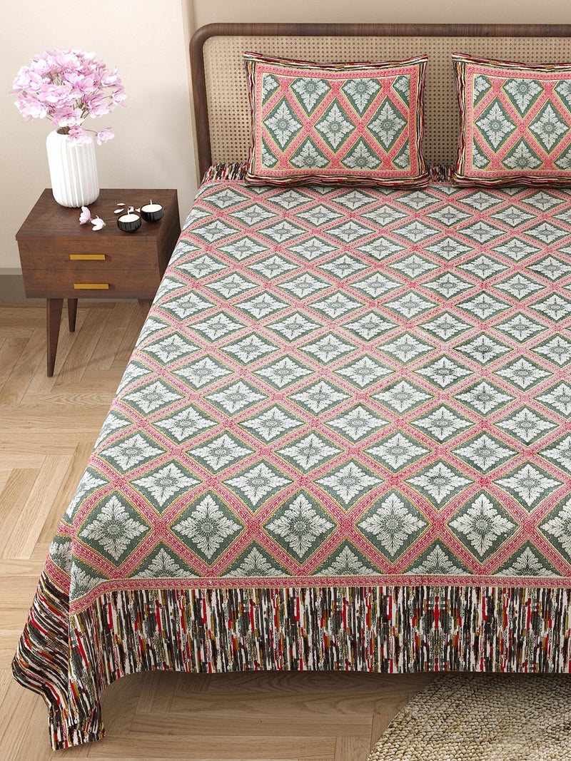 RajasthaniKart مفرش سرير ملكي من راجستاني كارت قطن نقي 180 TC مع 2 غطاء وسادة - 90X108 (مناسب لمفرش سرير ملكي أو سرير مزدوج، رمادي) PSP104 - Image 2