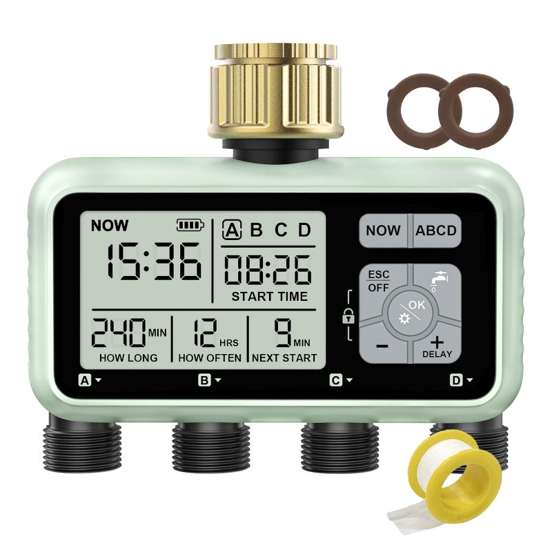 johgee Watering Timer 4 Zone with with Brass Inlet Sprinkler Timer Programmable Garden Outdoor Hose Faucet Timers with Rain DelayManualAutomatic Watering SystemWater Hose Irrigation Timers 4 Outlet - Image 2