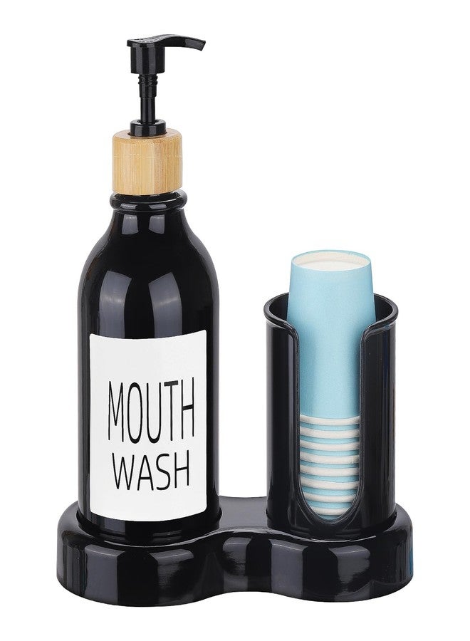 Tbestmax Mouthwash Dispenser for Bathroom, 16oz Plastic Mouthwash Dispenser with Cup Holder and Tray Mouth Wash Bottle Container - Black - Image 1