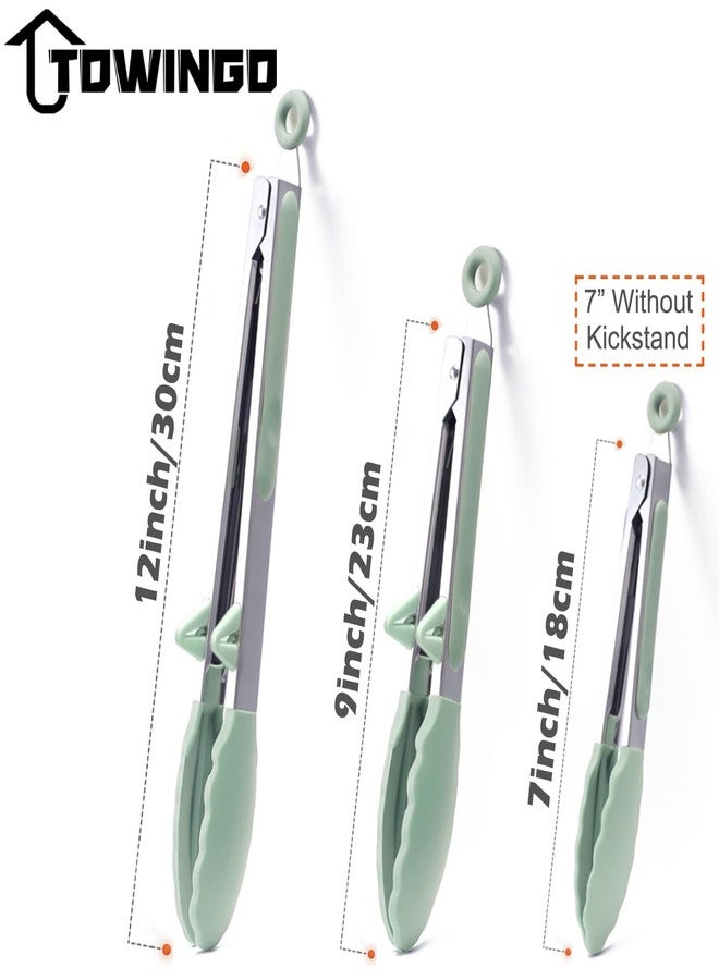 TOWINGO Silicone Kitchen Tongs, 3Pcs Tongs for Cooking with Silicone Tips, Food Grade Small Silicone Tongs, Mini Serving Tongs for BBQ Salad, Green, 7"+9"+12" - Image 5
