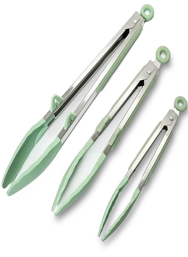 TOWINGO Silicone Kitchen Tongs, 3Pcs Tongs for Cooking with Silicone Tips, Food Grade Small Silicone Tongs, Mini Serving Tongs for BBQ Salad, Green, 7"+9"+12" - Image 1