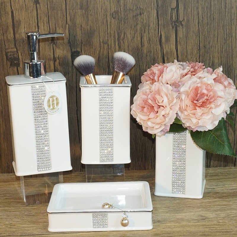 CAAHANJIA Bathroom Accessories Set 4 Pcs-Ceramic Gift Set Soap Dispenser Pump & Toothbrush Holder & Tumbler Cup & Soap Dish - Bathroom Home Decor Clearance, Countertop Vanity Organize(12 Ounce White) - Image 2