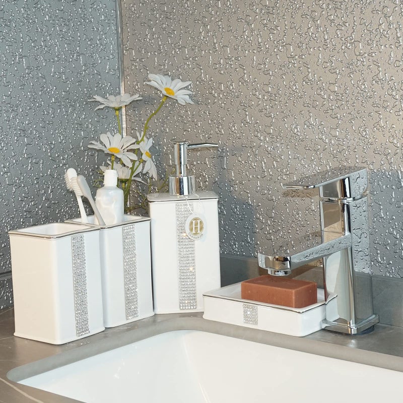 CAAHANJIA Bathroom Accessories Set 4 Pcs-Ceramic Gift Set Soap Dispenser Pump & Toothbrush Holder & Tumbler Cup & Soap Dish - Bathroom Home Decor Clearance, Countertop Vanity Organize(12 Ounce White) - Image 3
