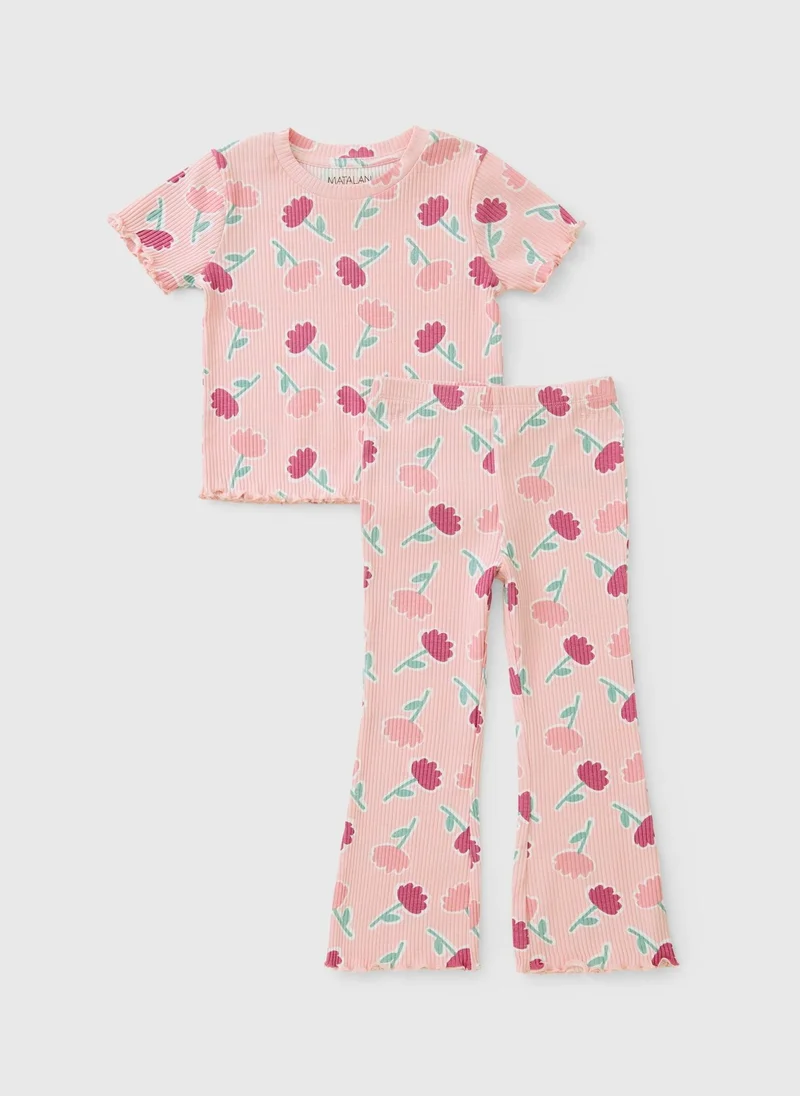 Pink Flower Ribbed Top and Flared Legging Set