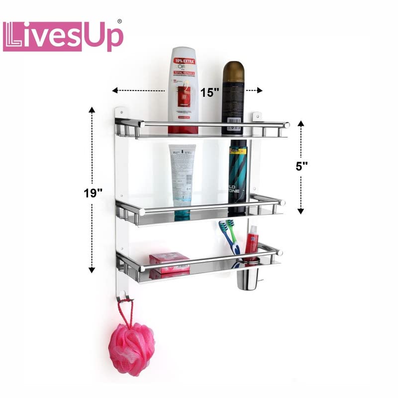 LivesUp Stainless Steel 3 Layer Multipurpose Shelf Organizer Bathroom Shelf and Rack with Toothbrush Holder Soap Holder Bathroom Accessories - Image 2