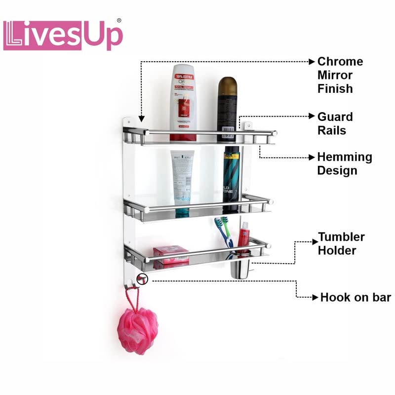 LivesUp Stainless Steel 3 Layer Multipurpose Shelf Organizer Bathroom Shelf and Rack with Toothbrush Holder Soap Holder Bathroom Accessories - Image 4
