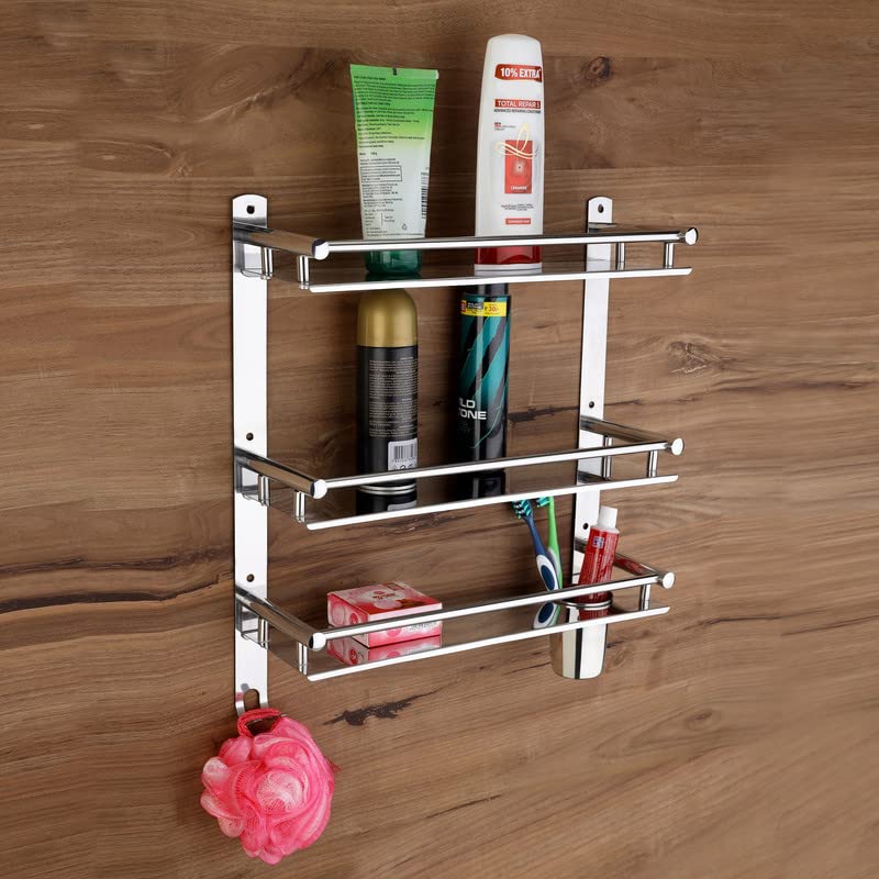 LivesUp Stainless Steel 3 Layer Multipurpose Shelf Organizer Bathroom Shelf and Rack with Toothbrush Holder Soap Holder Bathroom Accessories - Image 1