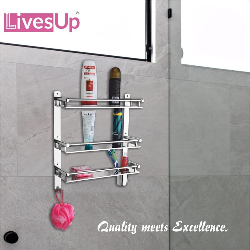 LivesUp Stainless Steel 3 Layer Multipurpose Shelf Organizer Bathroom Shelf and Rack with Toothbrush Holder Soap Holder Bathroom Accessories - Image 3