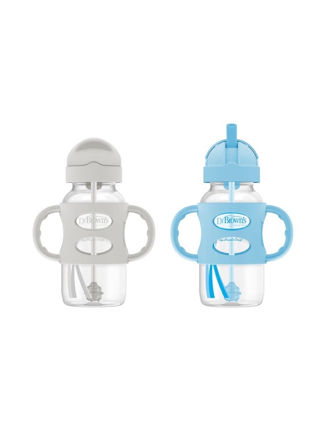 Dr. Brown's Dr. Brown's Milestones Wide-Neck Sippy Straw Bottle with 100% Silicone Handles and Weighted Straw, 9 oz/270 mL, Gray & Blue, 6m+  - Image 1