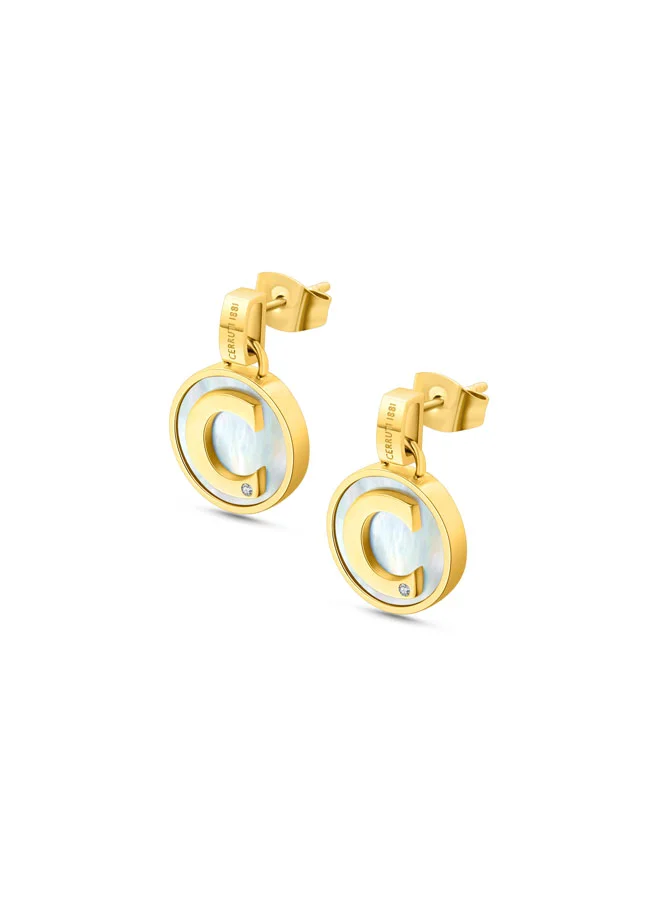 شيروتي 1881 Circulo Gold-Plated with Mother of Pearl and Crystals Elegant Stud Earrings for Women