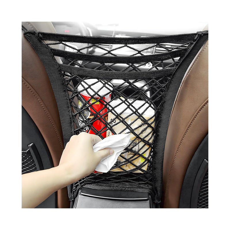 ZNDAW 3-Layer Car Mesh Organizer, Seat Back Net Bag Stretchable Barrier of Backseat Pet Kids, Four-Side Elastic Storage Netting Pouch Cargo Tissue Purse Holder Between Front Seats - Image 1