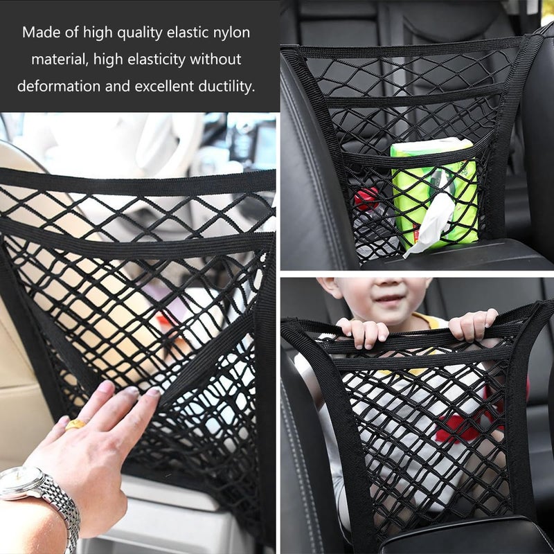 ZNDAW 3-Layer Car Mesh Organizer, Seat Back Net Bag Stretchable Barrier of Backseat Pet Kids, Four-Side Elastic Storage Netting Pouch Cargo Tissue Purse Holder Between Front Seats - Image 4